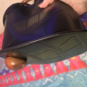 Black Leather Handbag with Wooden Handle